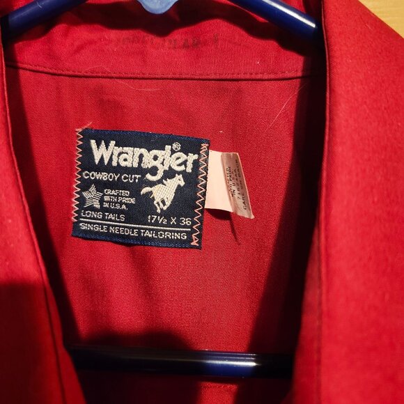 Vintage 80s Wrangler 17.5 X 36 Long Tail Cowboy Cut Red Western Shirt Pearl Snap - Picture 3 of 8